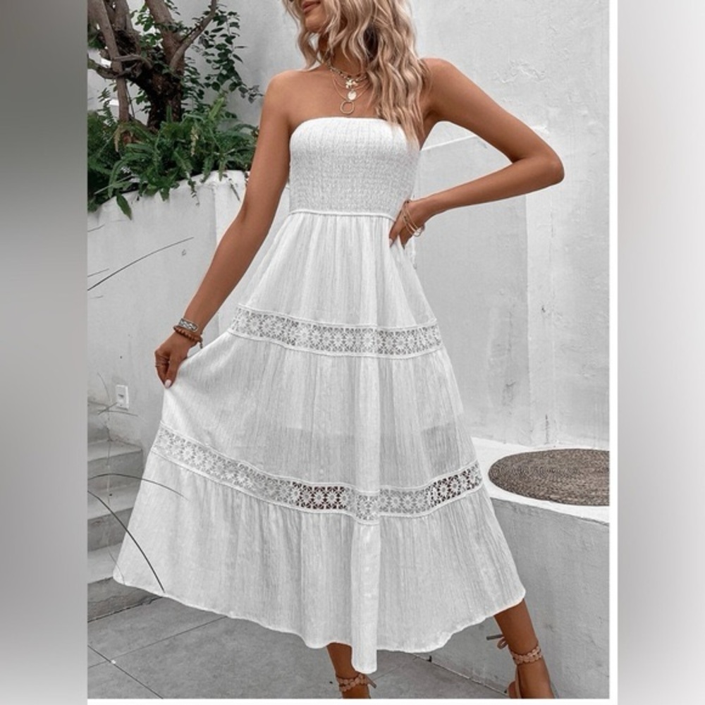 Boho Lace Insert Shirred Tube A Line Dress White